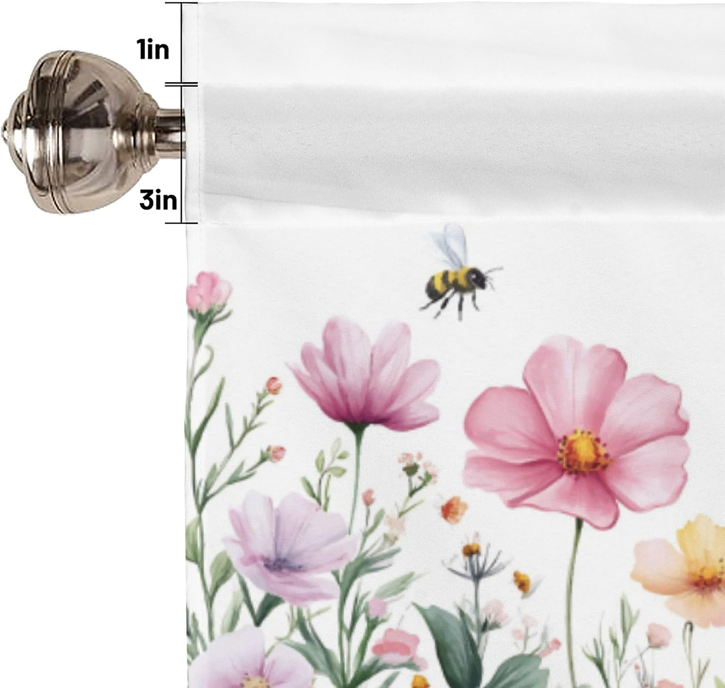 Spring Wildflowers Curtain Valance for Windows Bees Floral Pink Window Treatments 1 Panel Short Curtains for Kitchen Windows Bathroom Bedroom,42 x 12 Inch