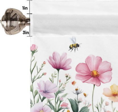 Spring Wildflowers Curtain Valance for Windows Bees Floral Pink Window Treatments 1 Panel Short Curtains for Kitchen Windows Bathroom Bedroom,42 x 12 Inch