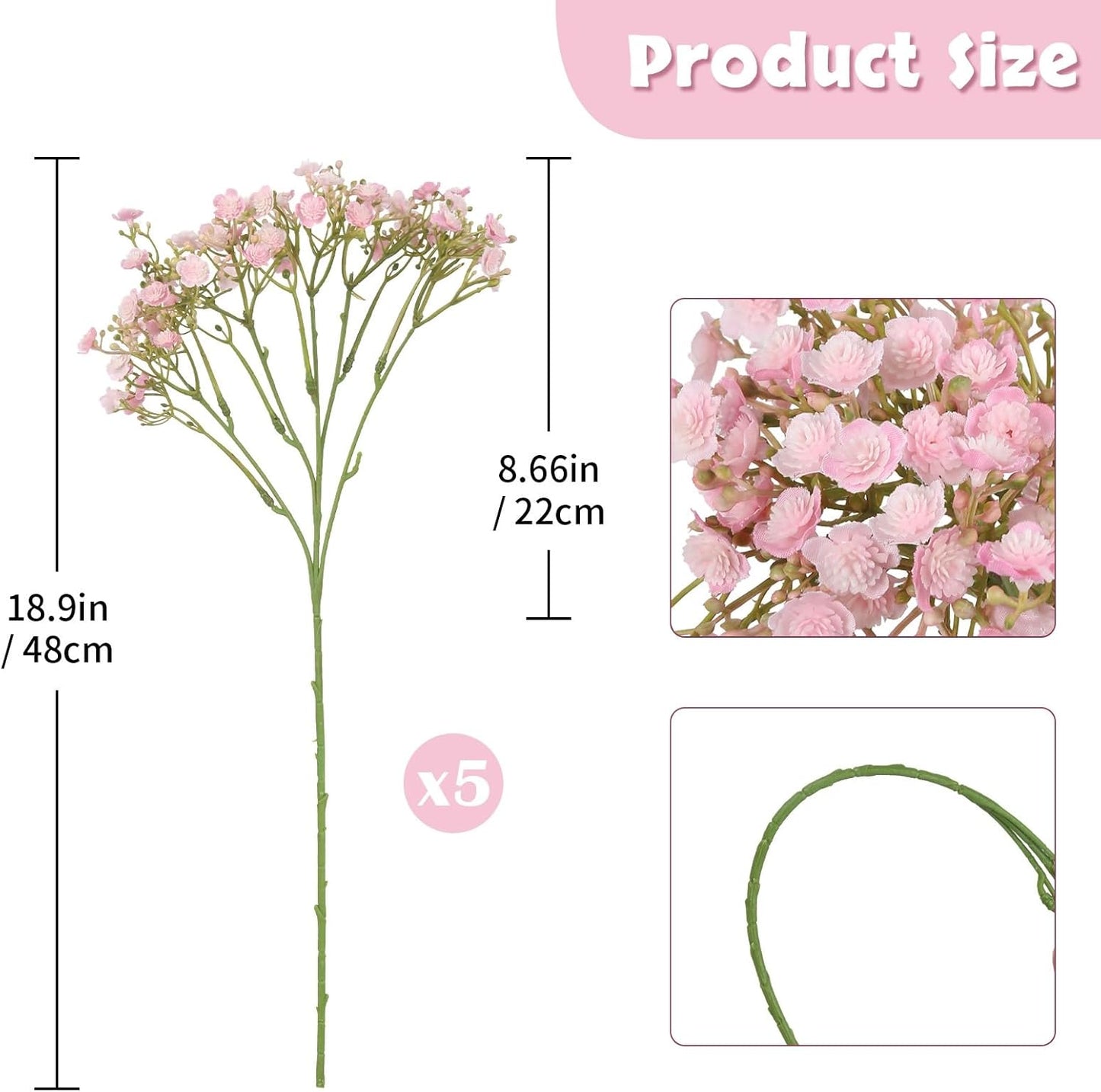 Pink Babys Breath Artificial Flowers, 5 Stems Real Touch Gypsophila Faux Flowers, 18.9" Fake Baby Breath Realistic Floral for Wedding Bouquet, Centerpieces, Home Party Decor (Light Pink)