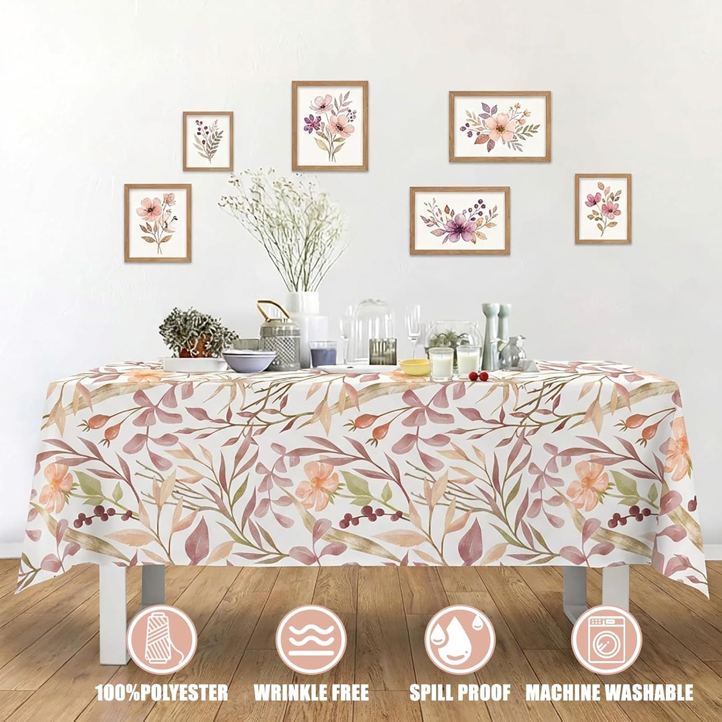 Floral Linen Texture Tablecloth, 60 x 60 Inch, Watercolor Print | Stain & Spill Resistant, Wrinkle Resistant, Reinforced Hem Stitching, Washable Polyester, Fade Resistant Print