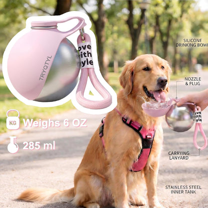 Dog Water Bottle, 10oz Stainless Steel Portable Dog Water Bottle with Foldable Silicone Bowl, 2-in-1 Portable Dog Water Bowl for Water & Food, Water Dispenser for Dogs Walking (Pink)