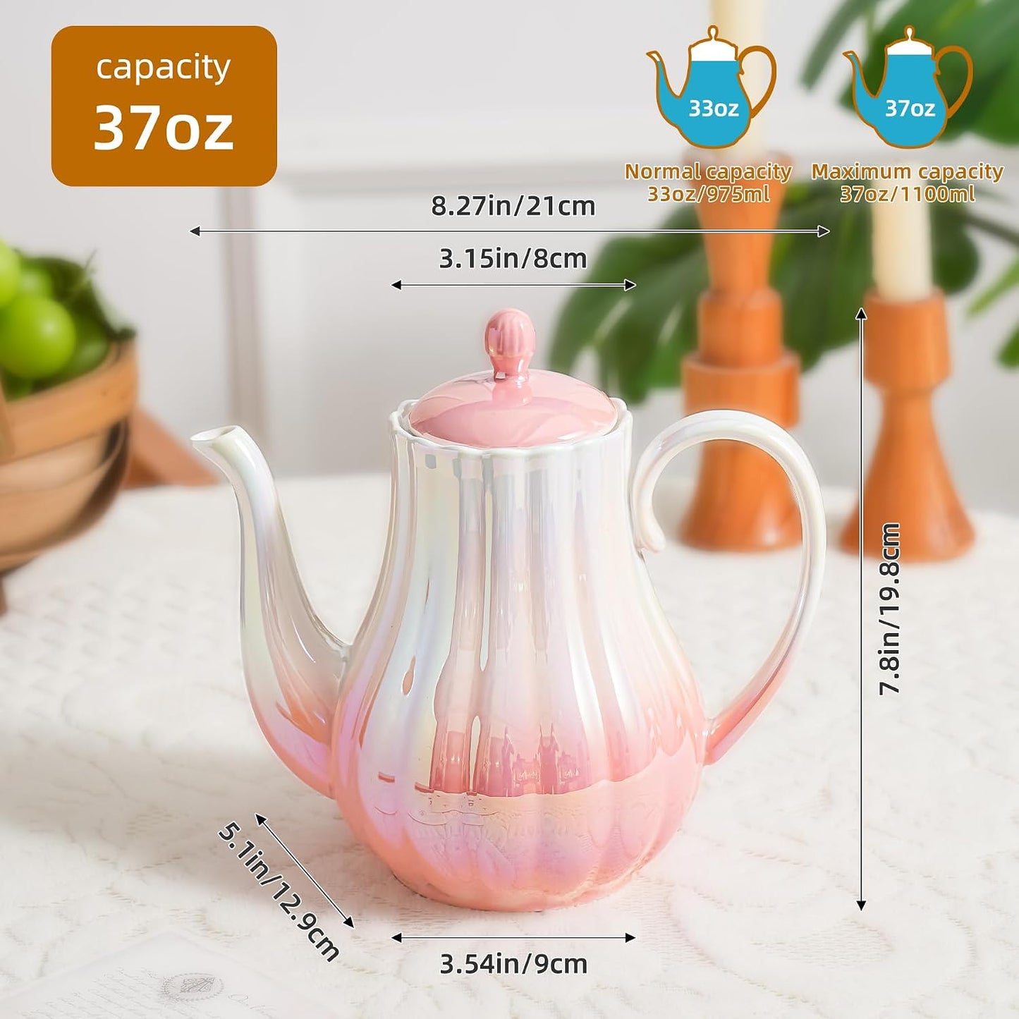 Pink Ceramic Teapot 33oz，tea pot for loose leaf tea coffee milk Gifts for women housewarming home kitchen christmas (Pink)