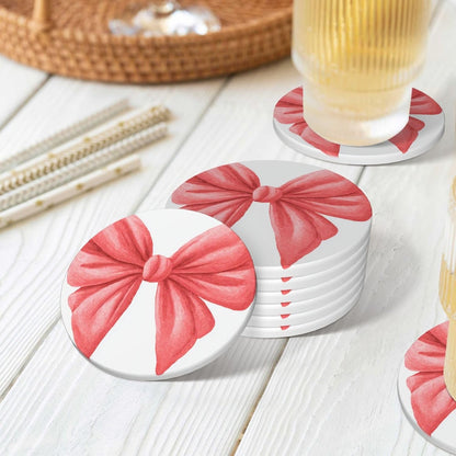 Watercolor Cute Bow Light Red and Pink Ceramic Coasters with Holder Set of 6 Coffee Cup Drink Coasters