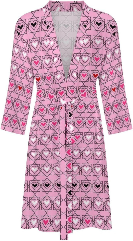 Womens Retro Love Balloon Bathrobe Mens Knit Pajamas Robe With Self Tie Belt Waist Knee Length Spa Robes For Travel