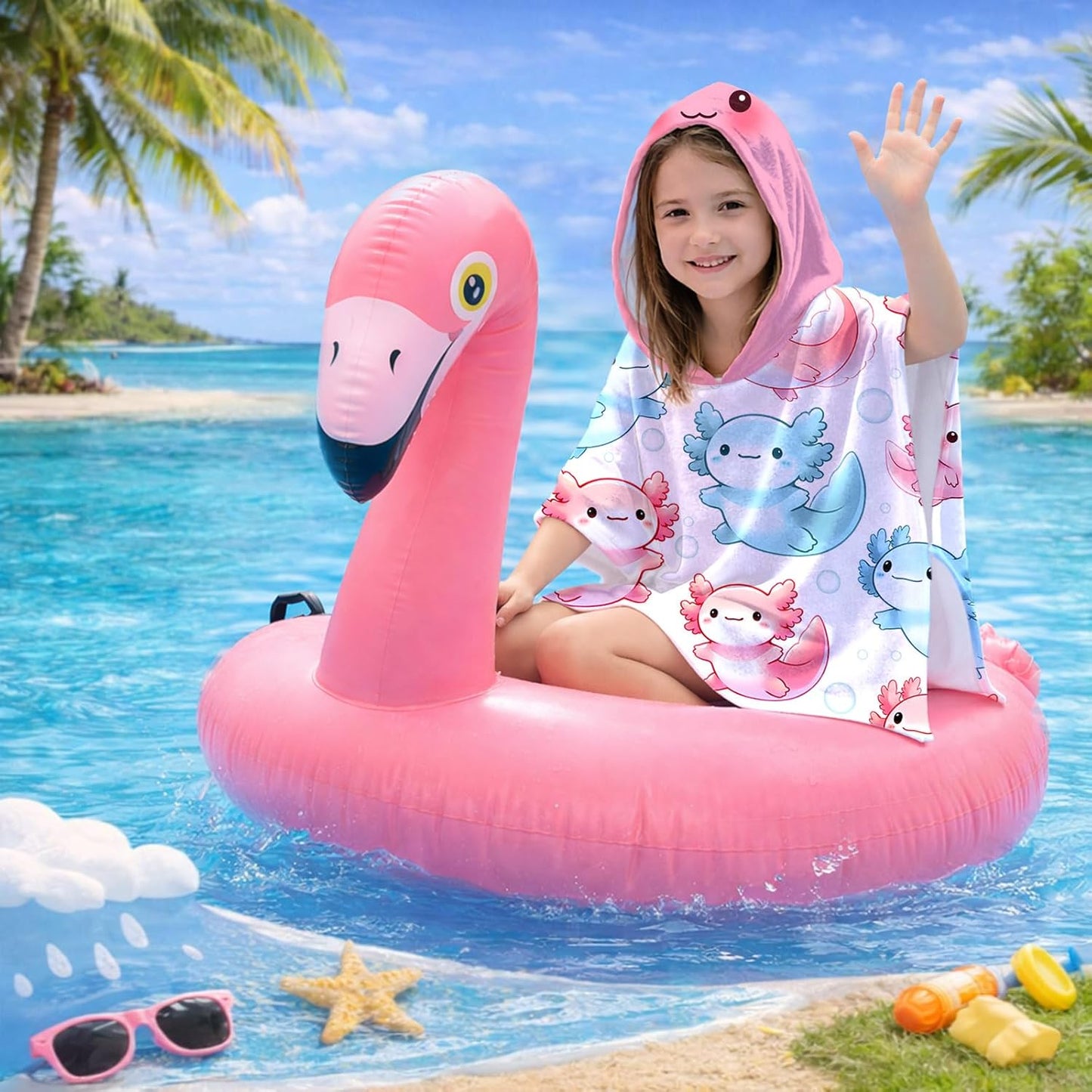 Axolotl Kids Hooded Beach Towel Wrap for 4-12 Years, Soft Absorbent Bath Poncho with Pink Axolotl Bubbles Print, Quick Dry Swim Cover Up for Pool, Beach, Vacation and Bathroom, 31x39 Inch