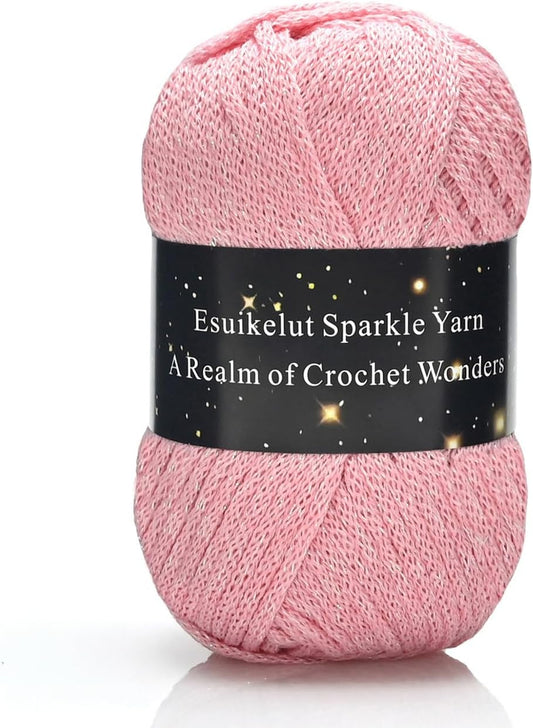 Holographic Pink Sparkly Knitting Yarn, 3mm Bulky Worsted Yarn with Silver Sparkling, Glitter Thread for DIY Crochet Bags, Hand Knitting Craft Supplies