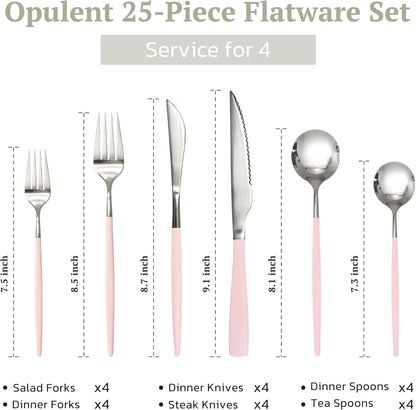 Astercook 25-Pieces Silverware Set with Steak Knives for 4 - Great Food-Grade Stainless Steel Flatware Set, Mirror-polished Cutlery Utensil Sets, Ideal for Home Restaurant & Banquet Use, Pink