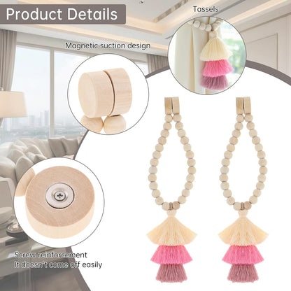 Magnetic Curtain Tiebacks,Wood Beads,2Pcs Boho Ties with Triple Tassel,Pink | No drill, smooth wood bead, strong magnetic closure, keep curtains firmly in place, for bedroom,living room,nursery