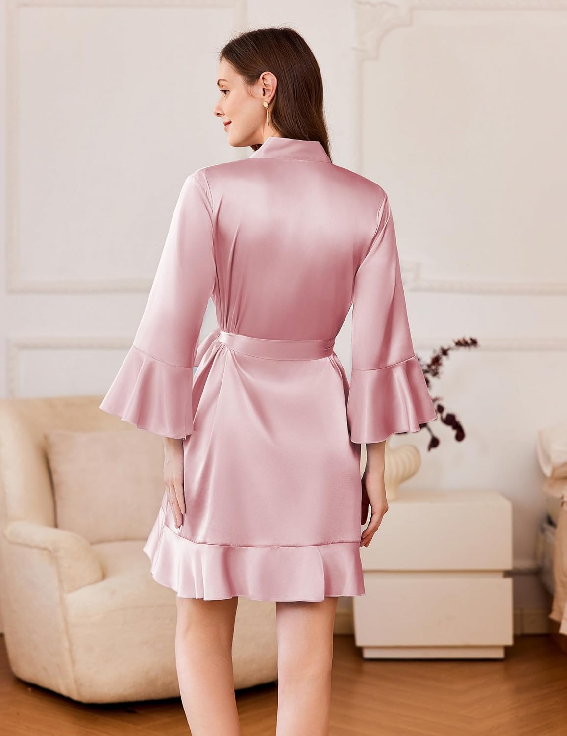 Ekouaer Women's Satin Robe Short Ruffle Hem Silky Robes Lightweight Kimono Brides Bathrobes Sleepwear XS-XXL