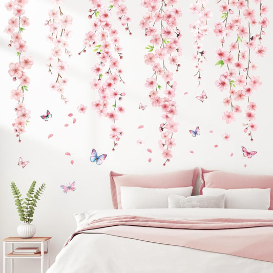 SHUCHING Cherry Blossom Wall Sticker Peel and Stick, Vinyl Haing Vine Wall Decal, Pink Flower Wall Decor Art for Girls Room Living Room Bedroom