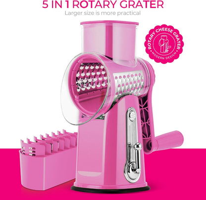 SUSTEAS Rotary Cheese Grater with Handle - Vegetable Shredder with 5 Well-designed Blades & Strong Suction Base,Round Mandoline Slicer & Food Chopper for Kitchen,with Blade Storage Box(Pink)