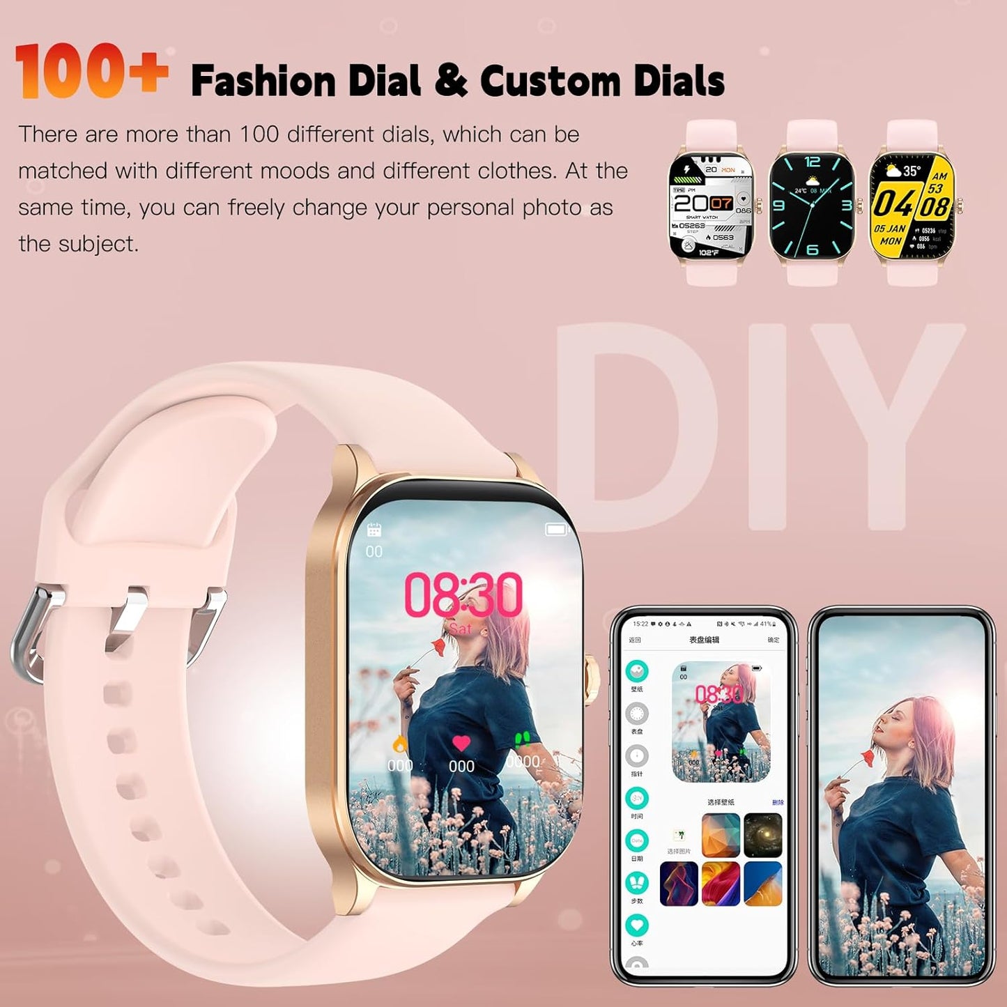 Smart Watch for Women Men(Answer/Make Call), Smartwatches with Heart Rate/SpO2/Sleep/Stress Monitor, IP68 Waterproof Activity Tracker for Android iPhone, 100+ Sports Fitness Watches (Pink, 1.85“)