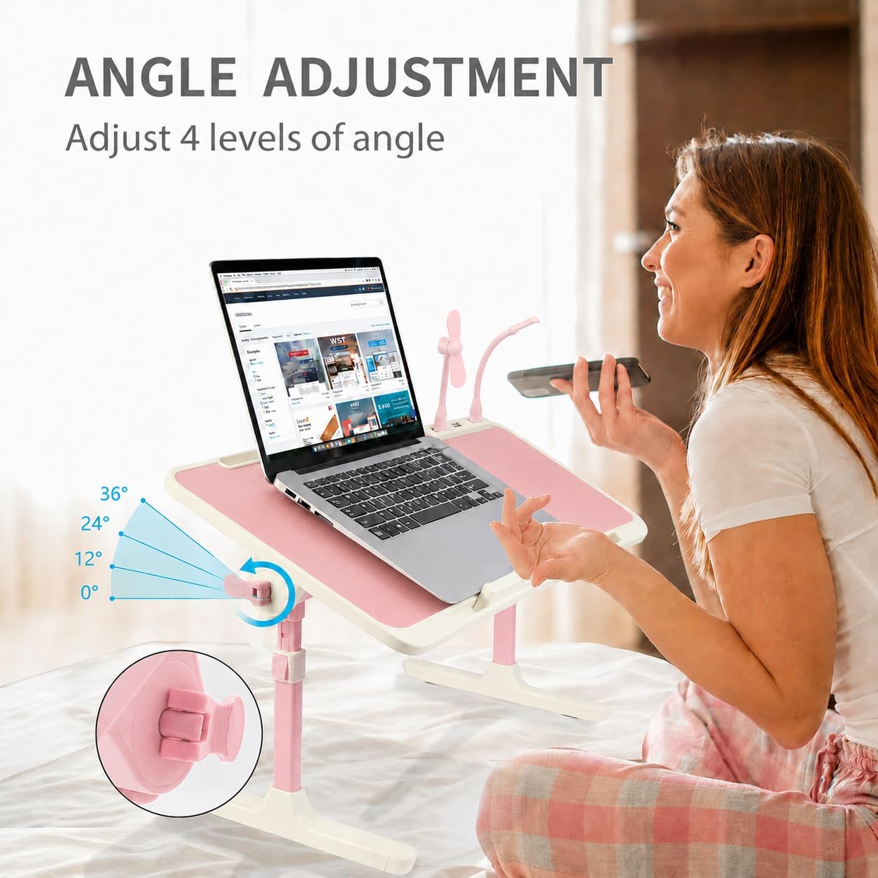 Adjustable Laptop Desk for Bed & Sofa, Height and Angle Adjustable Lap Desk with USB Cooling Fan & LED Light, Foldable Portable Laptop Table Stand for Home, Floor, Adults & Kids, Pink