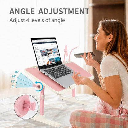 Adjustable Laptop Desk for Bed & Sofa, Height and Angle Adjustable Lap Desk with USB Cooling Fan & LED Light, Foldable Portable Laptop Table Stand for Home, Floor, Adults & Kids, Pink