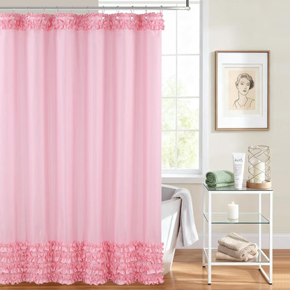 Ruffle Shower Curtain, Pink Girls Women Fabric Shower Curtain with Delicate Handcrafted Ruffles, Waterproof Ruched Farmhouse Decorative Bathroom Curtain, 72" W x 72" H