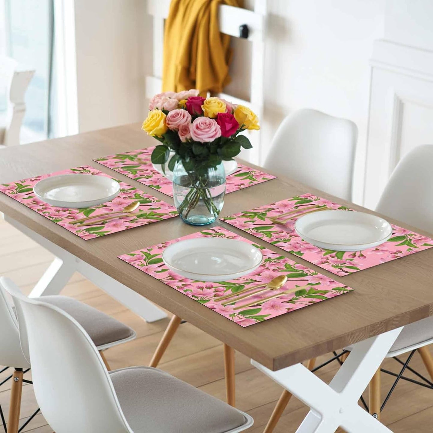 Pink Peach Flowers Placemats Set of 6, Washable PVC Kitchen Table Mats Place Mats, Spring Botanical Watercolor Floral Leaf Woven Vinyl Placemat for Dining Table, 13" x 19"