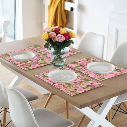 Pink Peach Flowers Placemats Set of 6, Washable PVC Kitchen Table Mats Place Mats, Spring Botanical Watercolor Floral Leaf Woven Vinyl Placemat for Dining Table, 13" x 19"