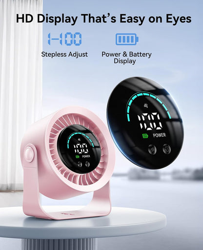 DIGIX Rechargeable USB Desk Fan for Bedroom, 100 Speeds, 360° Rotation, Wall Mounted Design Small Portable Table Fan with LED Display, Quiet Personal Desktop Cooling Fans for Home Office (Pink)