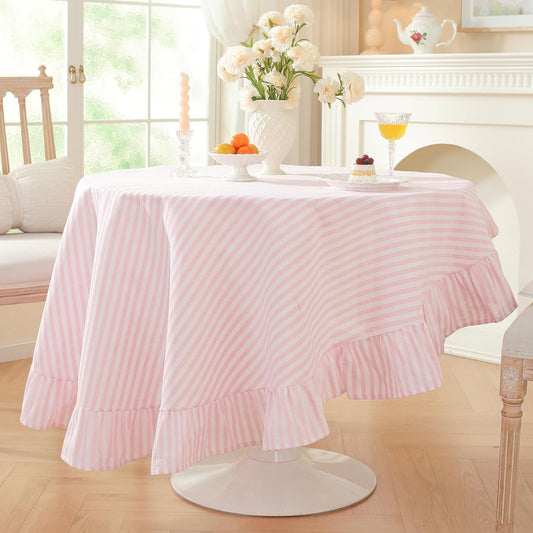 meioro Striped Ruffled Tablecloth Round Spring Cotton Blend Stripe Table Cloth with Tassel, Farmhouse Washable Wrinkle Free Table Cover for Valentines Day Outdoor Picnic Party Dining, Pink, 60'' Round