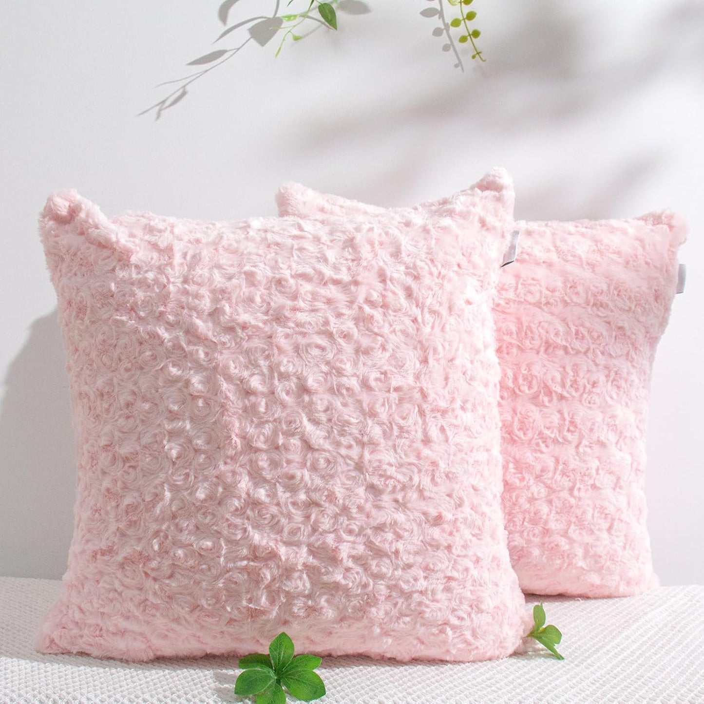 18 x 18 Pink Pillow Covers Couch Pillow Cases for Living Room Bed Room Faux Rabbit Fur with Rose Pattern Square Light Pink Cushion Covers for Bed Couch Sofa Chairs