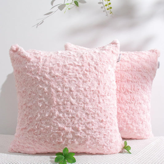 18 x 18 Pink Pillow Covers Couch Pillow Cases for Living Room Bed Room Faux Rabbit Fur with Rose Pattern Square Light Pink Cushion Covers for Bed Couch Sofa Chairs