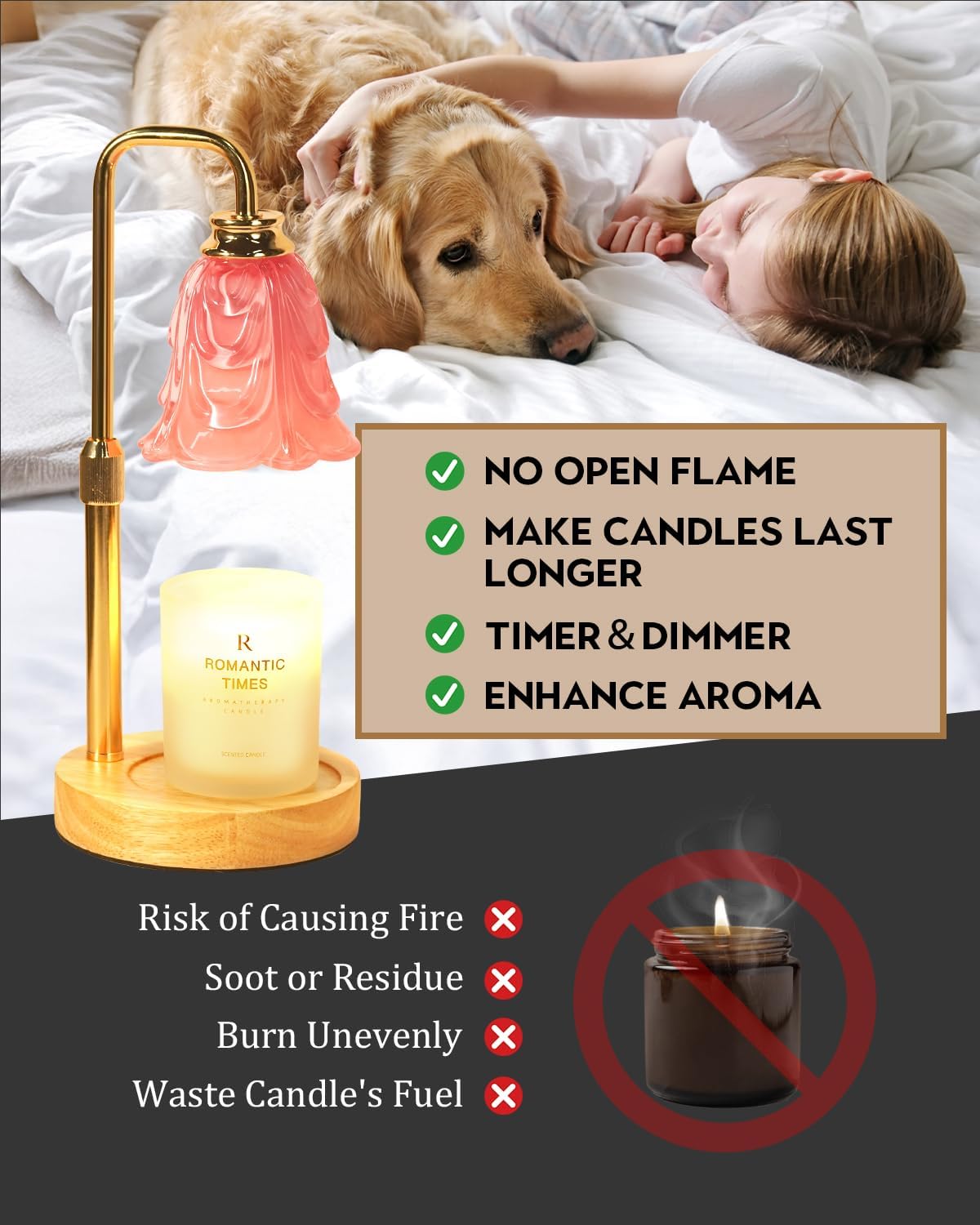 Small Candle Warmer Lamp with Timer, Adjustable Pink Flower Candle Heat Lamp, Unique Women's Gifts for Birthday, Dimmable Candles Heater, Fashion Wax Warming Light with Wood Base