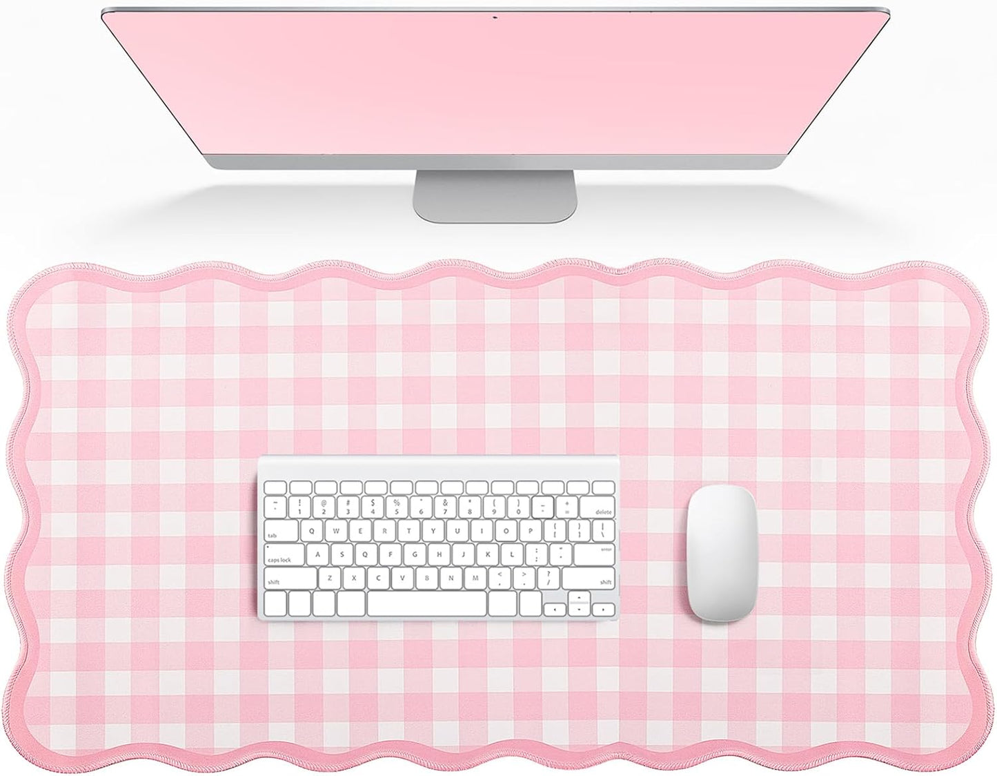 Scalloped Gingham Pink Desk Mat,31.5" x 15.7" Large Cute Aesthetic Desk Mat for Keyboard Mouse, Non Slip Computer Desk Pad,Green Girly Desk Cover Mouse Pad for Desktop Office Home Dorm Decor (Pink)