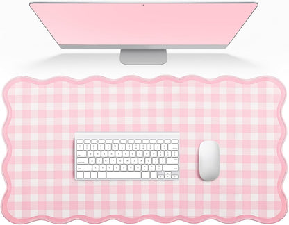 Scalloped Gingham Pink Desk Mat,31.5" x 15.7" Large Cute Aesthetic Desk Mat for Keyboard Mouse, Non Slip Computer Desk Pad,Green Girly Desk Cover Mouse Pad for Desktop Office Home Dorm Decor (Pink)