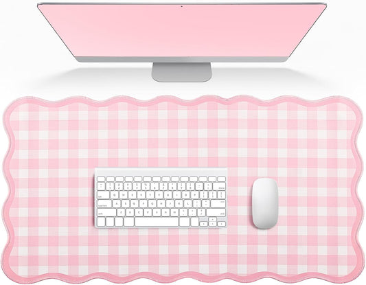 Scalloped Gingham Pink Desk Mat,31.5" x 15.7" Large Cute Aesthetic Desk Mat for Keyboard Mouse, Non Slip Computer Desk Pad,Green Girly Desk Cover Mouse Pad for Desktop Office Home Dorm Decor (Pink)