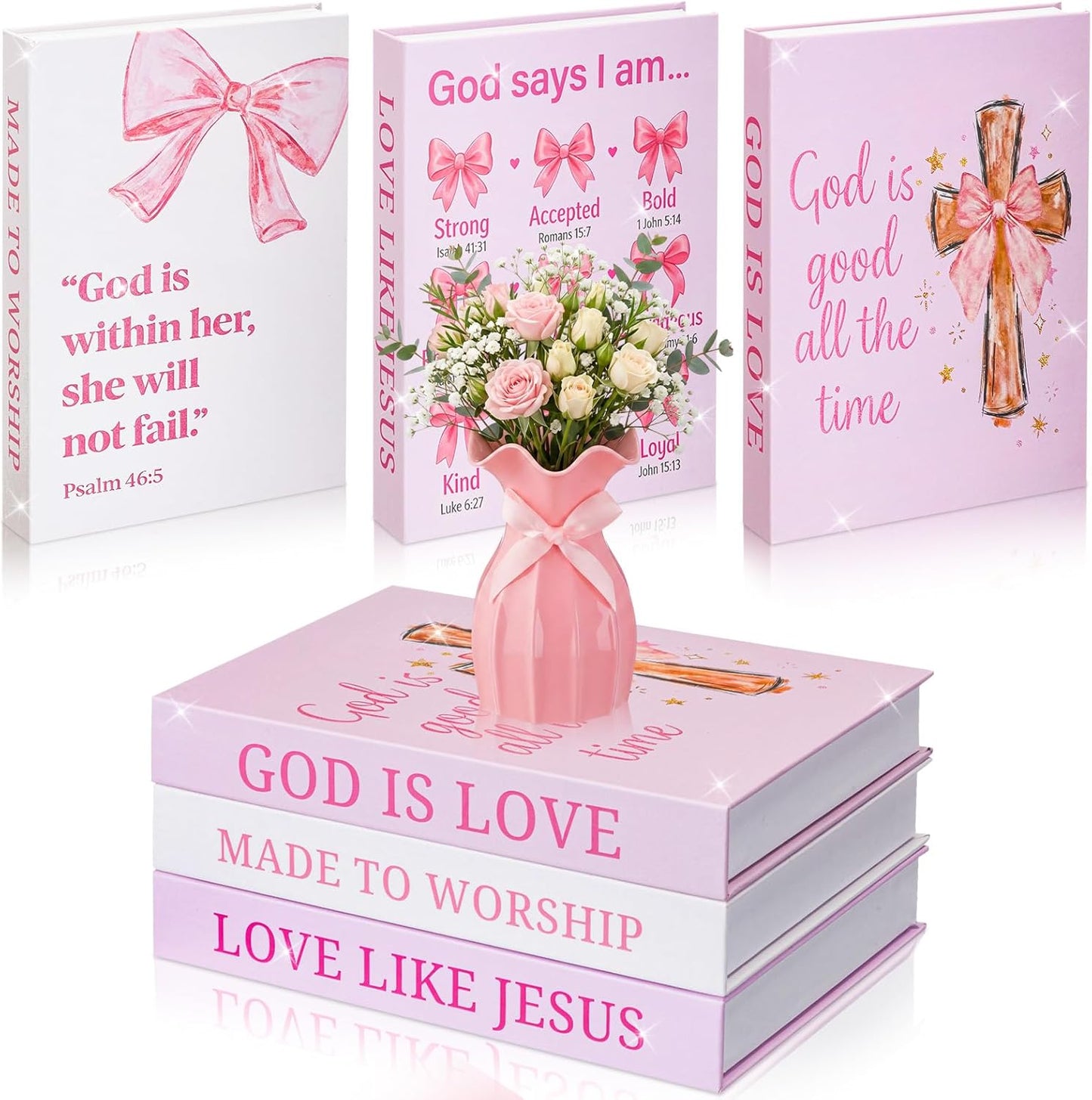 Novabright 4 Pcs Pink Bow Decorative Books and Vase Set, Coquette Room Decor Christian Preppy Fake Books Magnetic Storage Box Bible Verse Scripture Gifts Cute Faux Book Stack for Bookshelf Home Decor