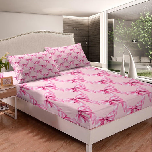 jejeloiu Peach Pink Bows Sheet Set Queen Size Kids Coquette Bows Sheets with Deep Pocket Fitted Sheet for Boys Teens Watercolor Bow Bed Sheets Set Breathable Bowknot Bedding Set Room Decor