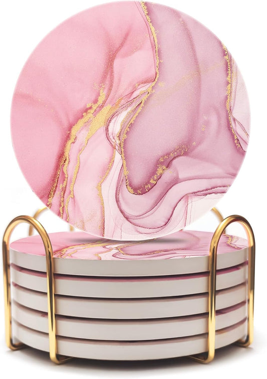 Pink Coasters Set of 6, Absorbent Ceramic Coasters for Drinks with Gold Holder, Cork Backing, for Table Home Kitchen Decor Housewarming