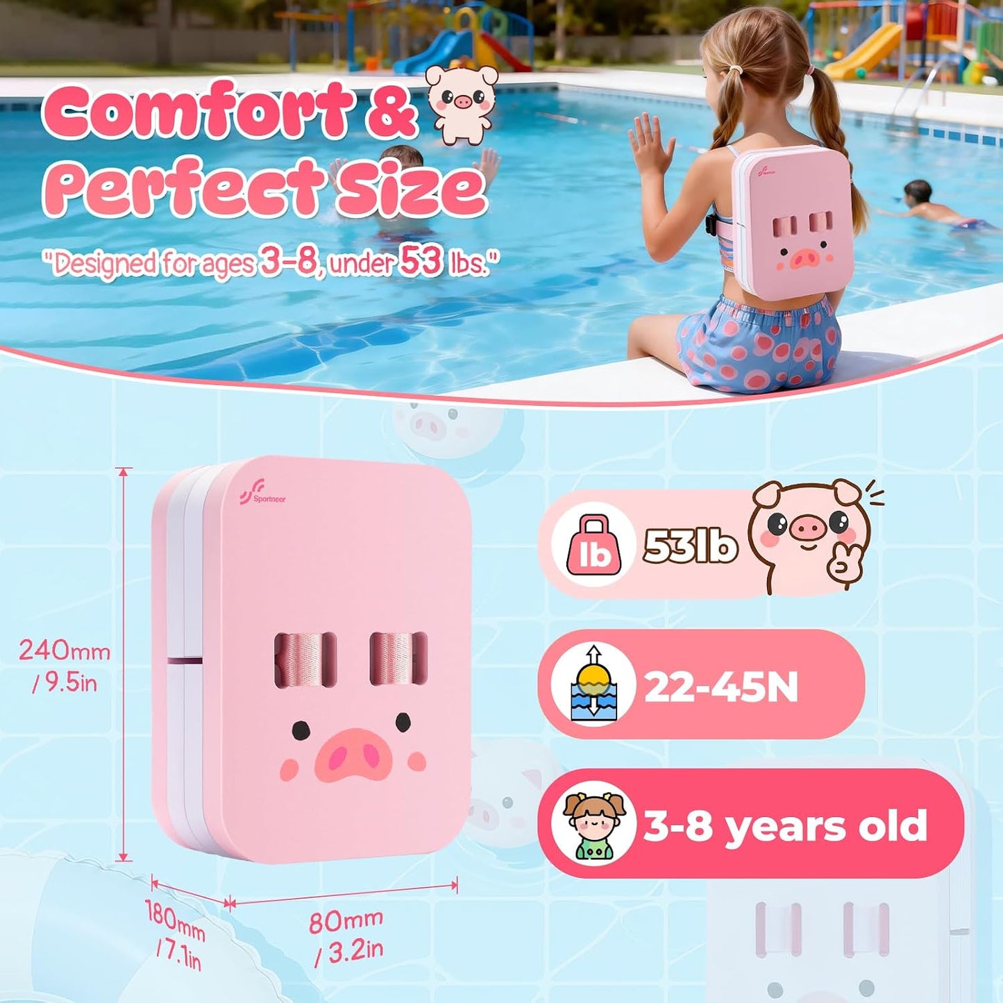 Sportneer Back Board for Kids: Swimming Training Belt Swim Trainer with Adjustable Belt & Layers Thicken Foam Training Board for Children Swimming Beginners