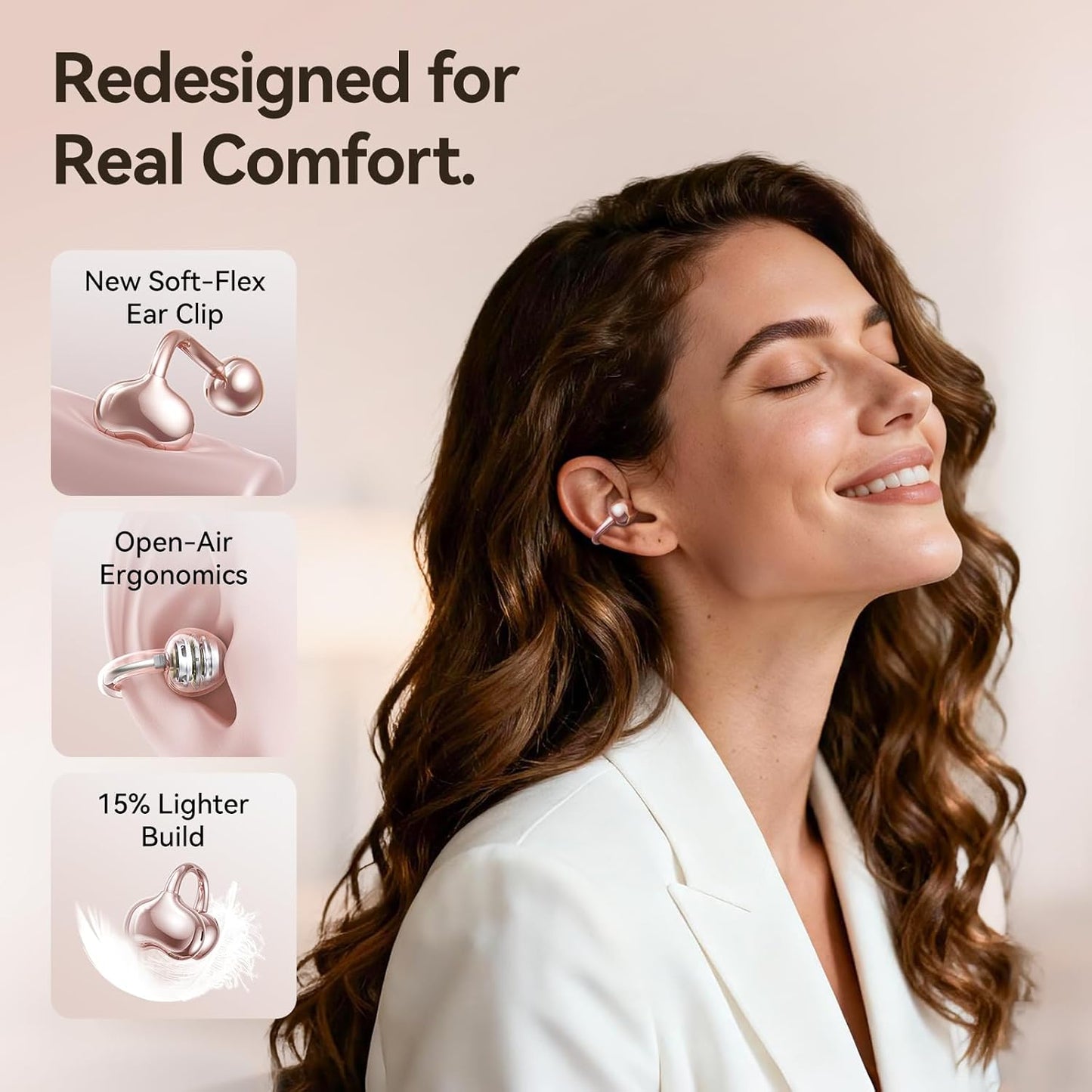 Kinglucky Upgraded Clip-On Earbuds Bluetooth 6.0 Wireless Headphones Open Ear Buds Comfortable Fit & Crystal-Clear Sound, 40H Playtime for Women & Kids Ideal for Small Ears, Sports, Glasses Rose Gold