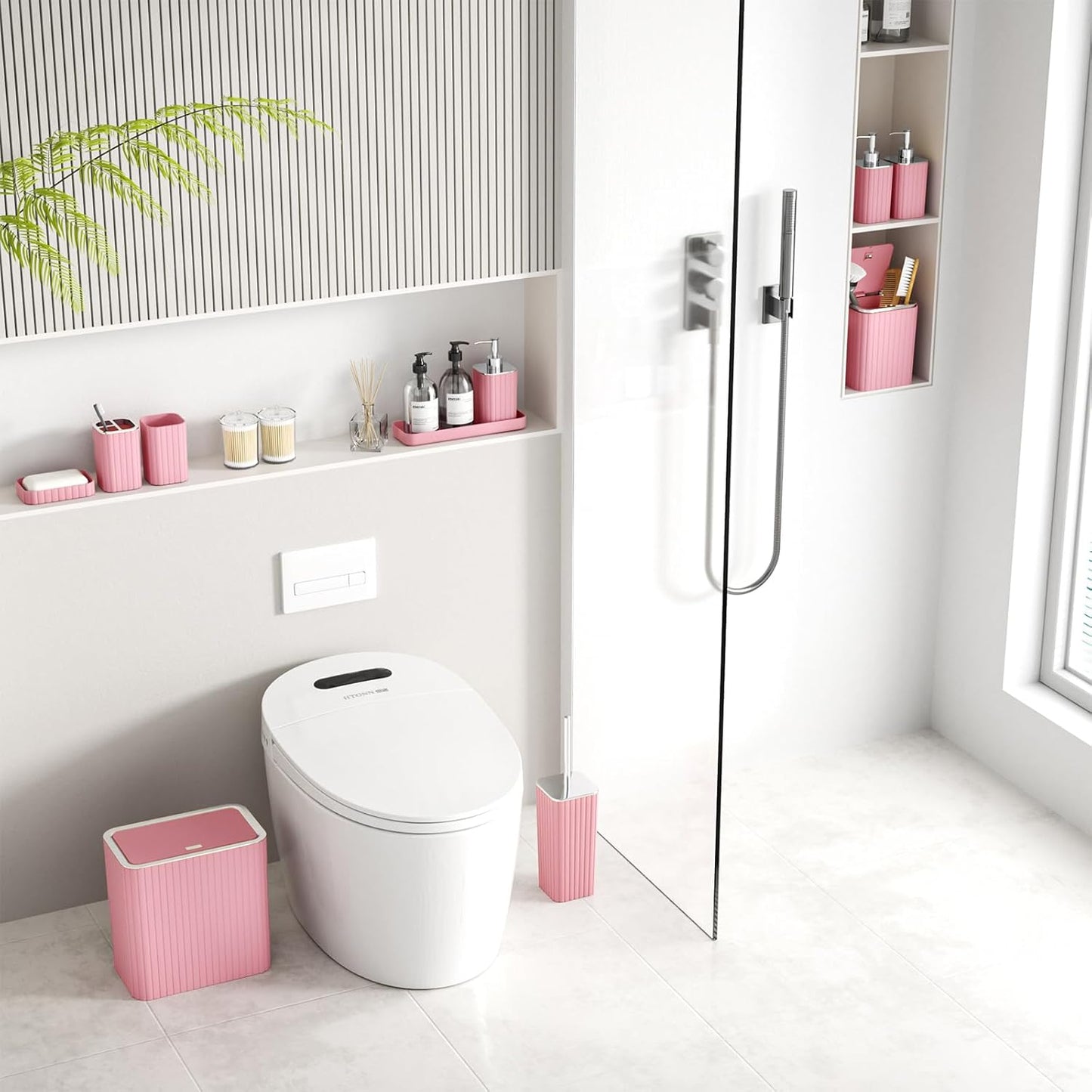 Bathroom Accessory Set - Bathroom Set, 12PC Bathroom Accessories Set, Pink Bathroom Accessories Set, Mini Trash Can, Toilet Brush, Trash Can & Soap Dispenser