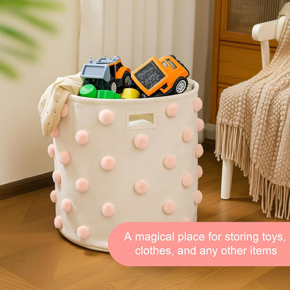 Pink 17.5" D x 20.8" H Pom Pom Basket Bin Large Cotton Canvas Laundry Hamper Baby Girl Laundry Basket Storage, Baby Nursery Hamper for Nursery Playroom Home Room Organizer Decor