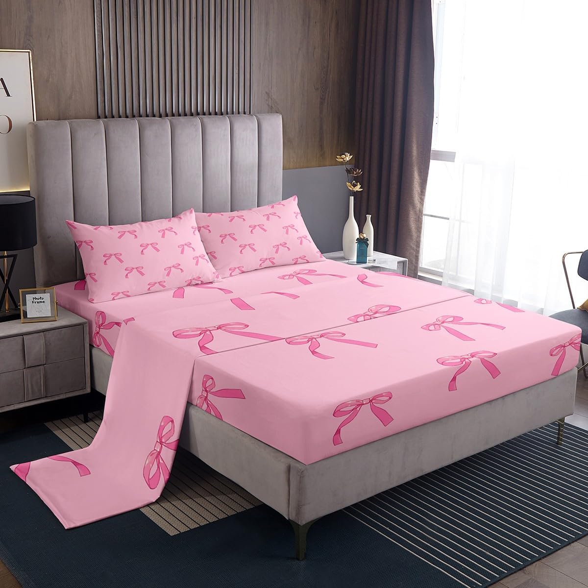 Erosebridal Girls Bow Sheet Set Cute Bowknot Bed Sheets Set for Girls Women Dreamy Princess Twin Size Sheets,Preppy Pink Coquette Room Decor