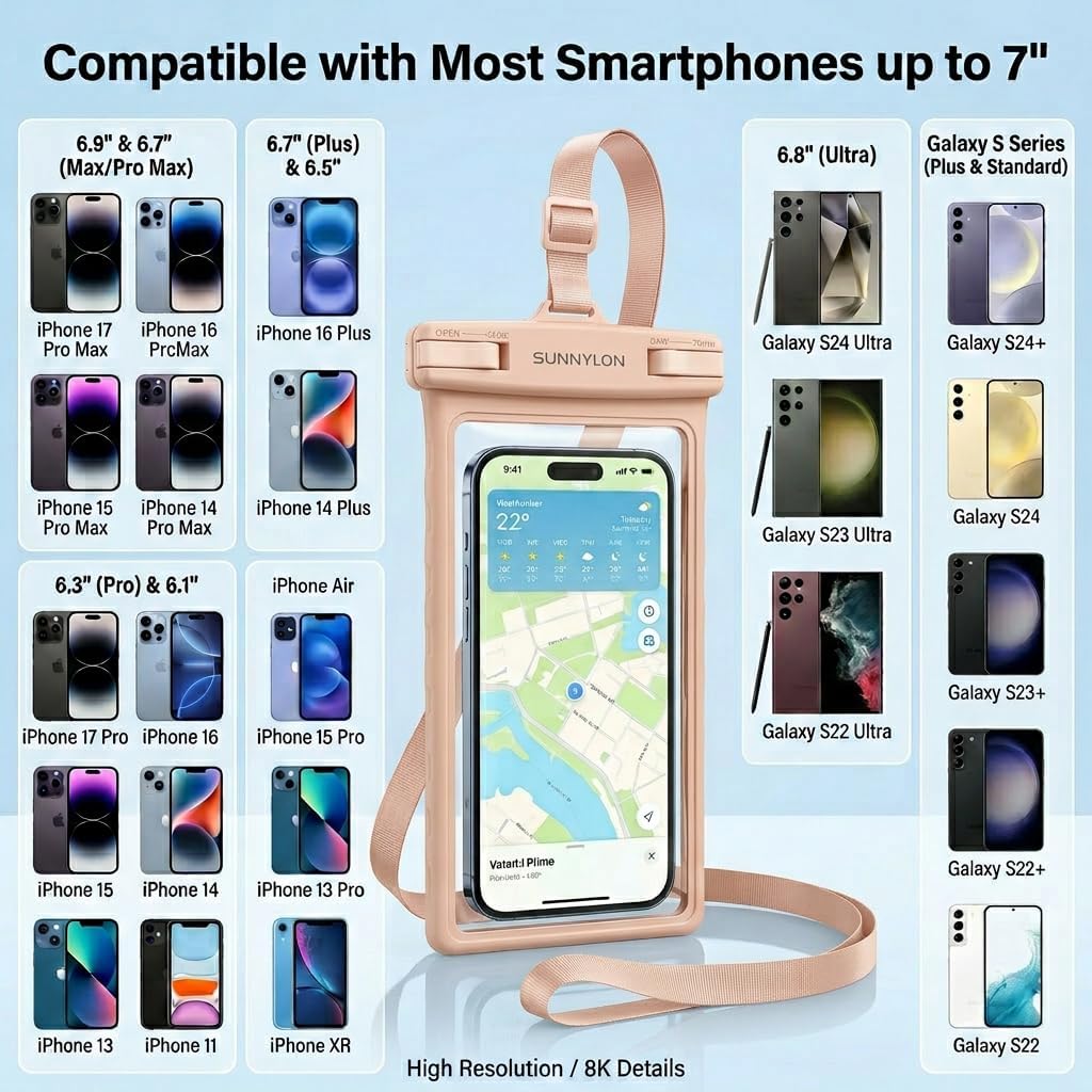 3D Waterproof Phone Pouch, IPX8 100FT Underwater Phone Case,Soft TPU Cell Phone Dry Bag with Lanyard,7 Inch Fits iPhone 17-11 Pro Max, Samsung Galaxy S26/S25/S24 Ultra, Beach Pool (1-Pack Pink)