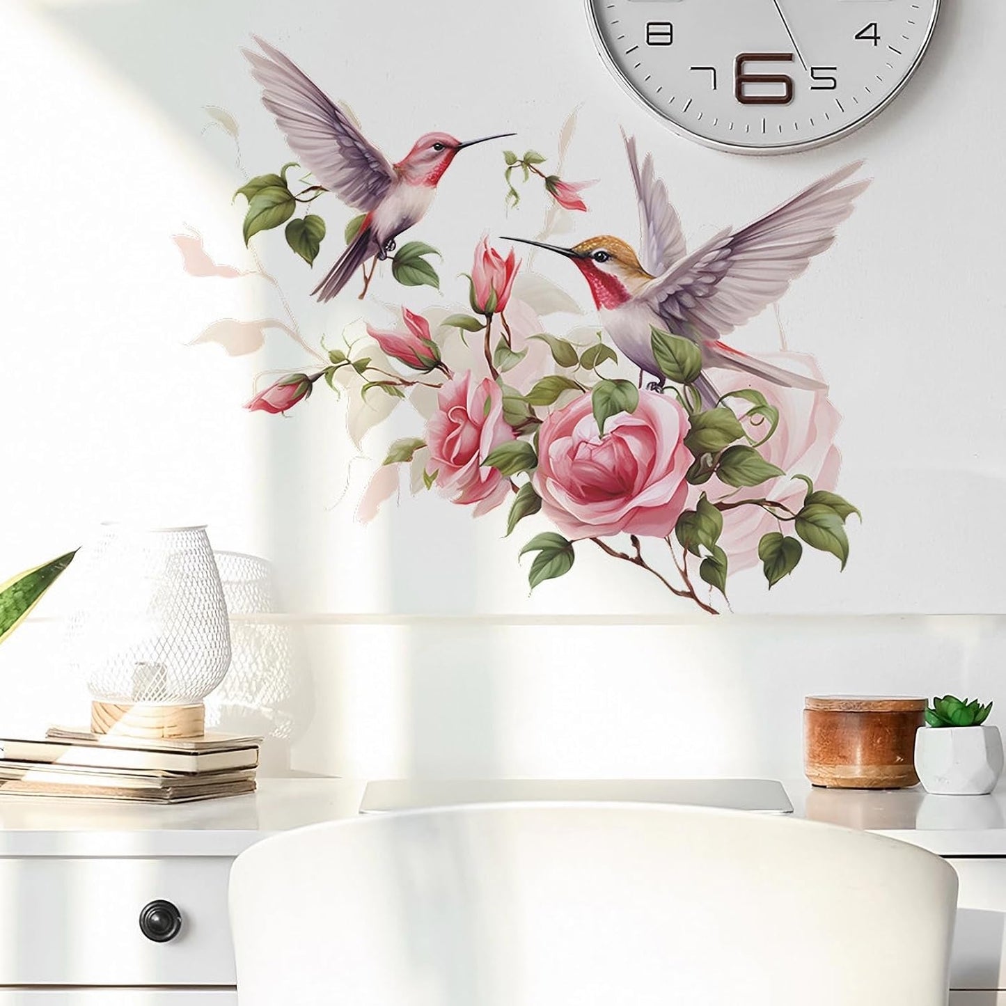 Pink Rose Hummingbird Flower Wall Stickers, sacinora Romantic Floral Art Bird Wall Decals Removable Vinyl Peel and Stick for Living Room Bedroom Nursery Playroom Kitchen Decorations