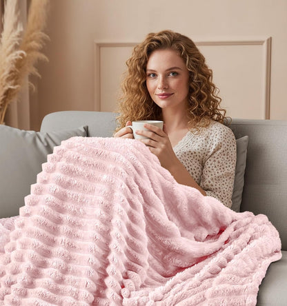 Utopia Bedding Pink Striped Fleece Blanket Throw Size – Fluffy, Warm & Lightweight Ribbed Throw for Bed, Sofa & Chair - Soft Cozy Blanket for Home Décor & Gifting (50x60 Inches)