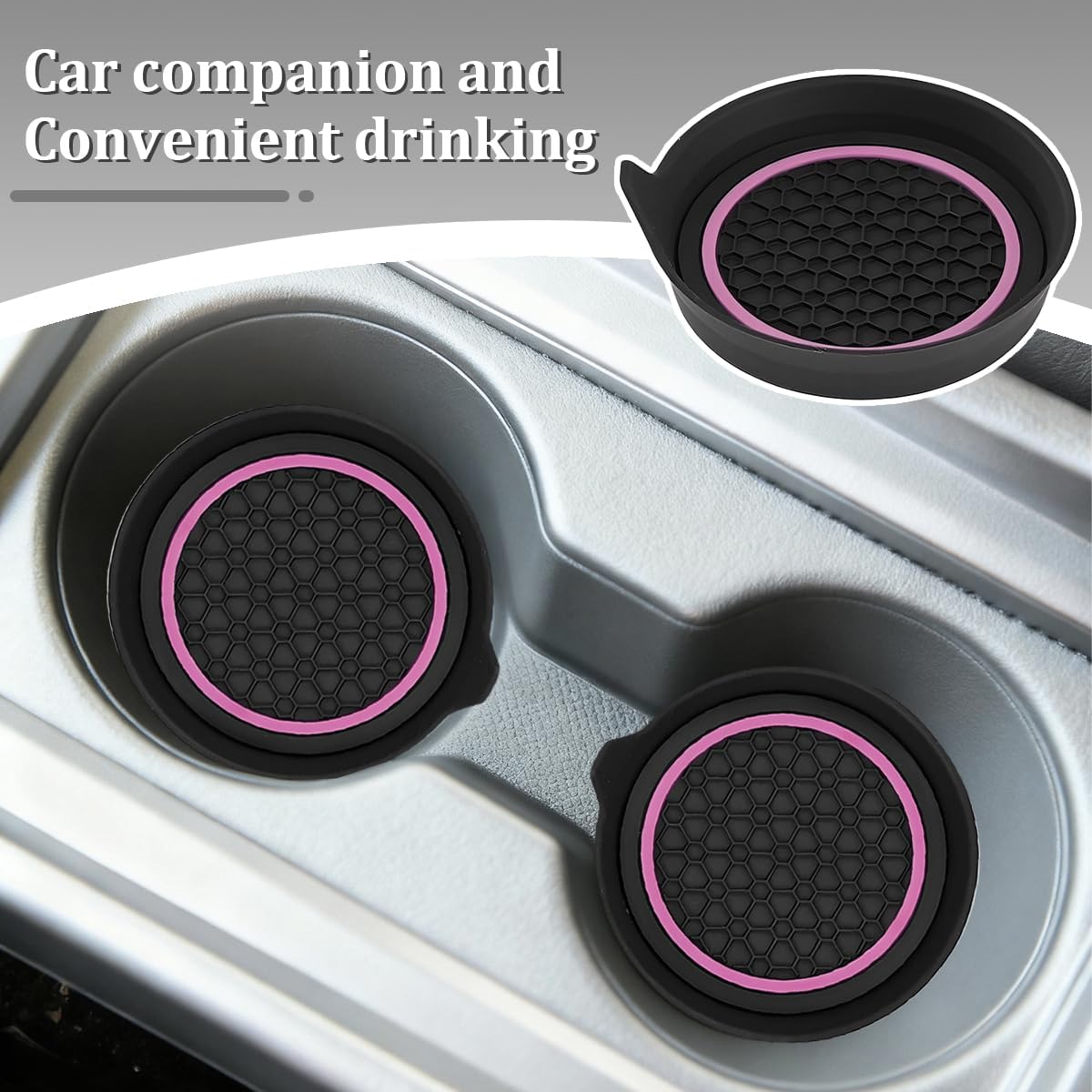4PCS Car Cup Holder Coasters, Silicone Anti-Slip Vehicle Cup Recessed Mats, Sift-Proof Automotive Interior Insulation Drink Cup Pad Accessories, Universal Fit (Pink/Black)