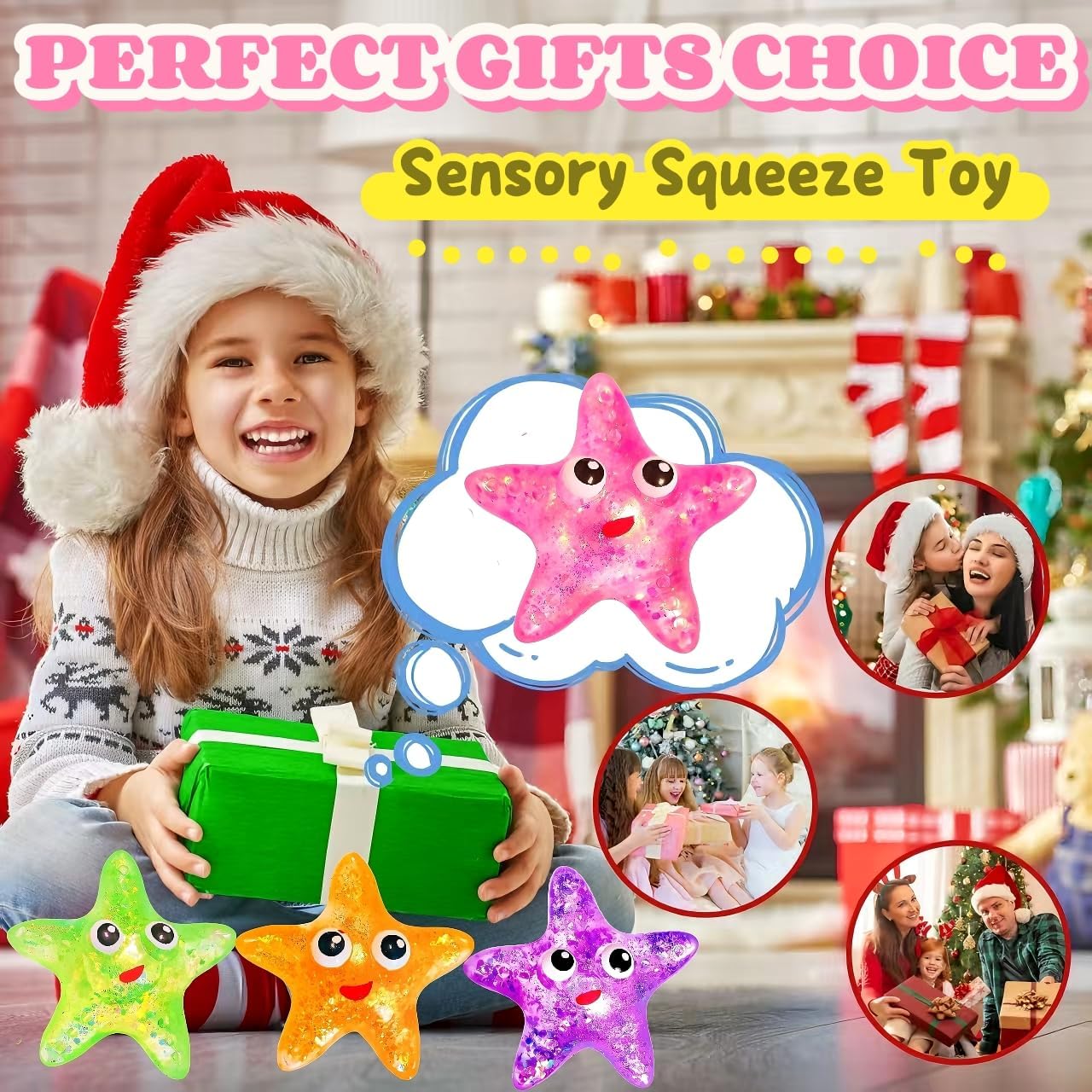 1Pcs Squishy Starfish Sugar Stress Balls Squeeze Fidget Toys for Girls and Boys Cute Anxiety Relief Starfish Toys Squishy Stress Balls for Kids and Adults Birthday Party Favors(Pink)