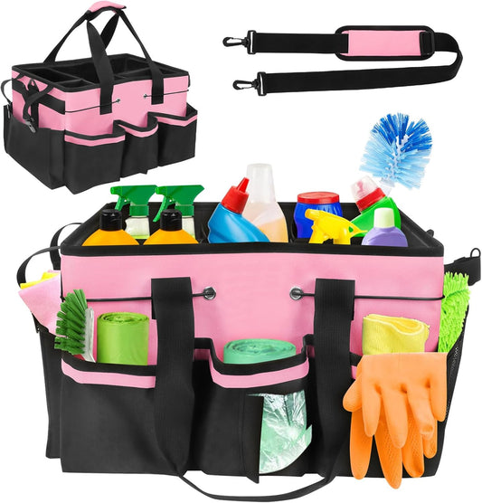 Cleaning Caddy, 15.74 x 9.25 x 10.82 Inches Caddy Organizer, Multifunctional Cleaning Supply Bag with Handle & Adjustable Shoulder Strap for Housework, Car Washing, Gardening, Painting (Pink)