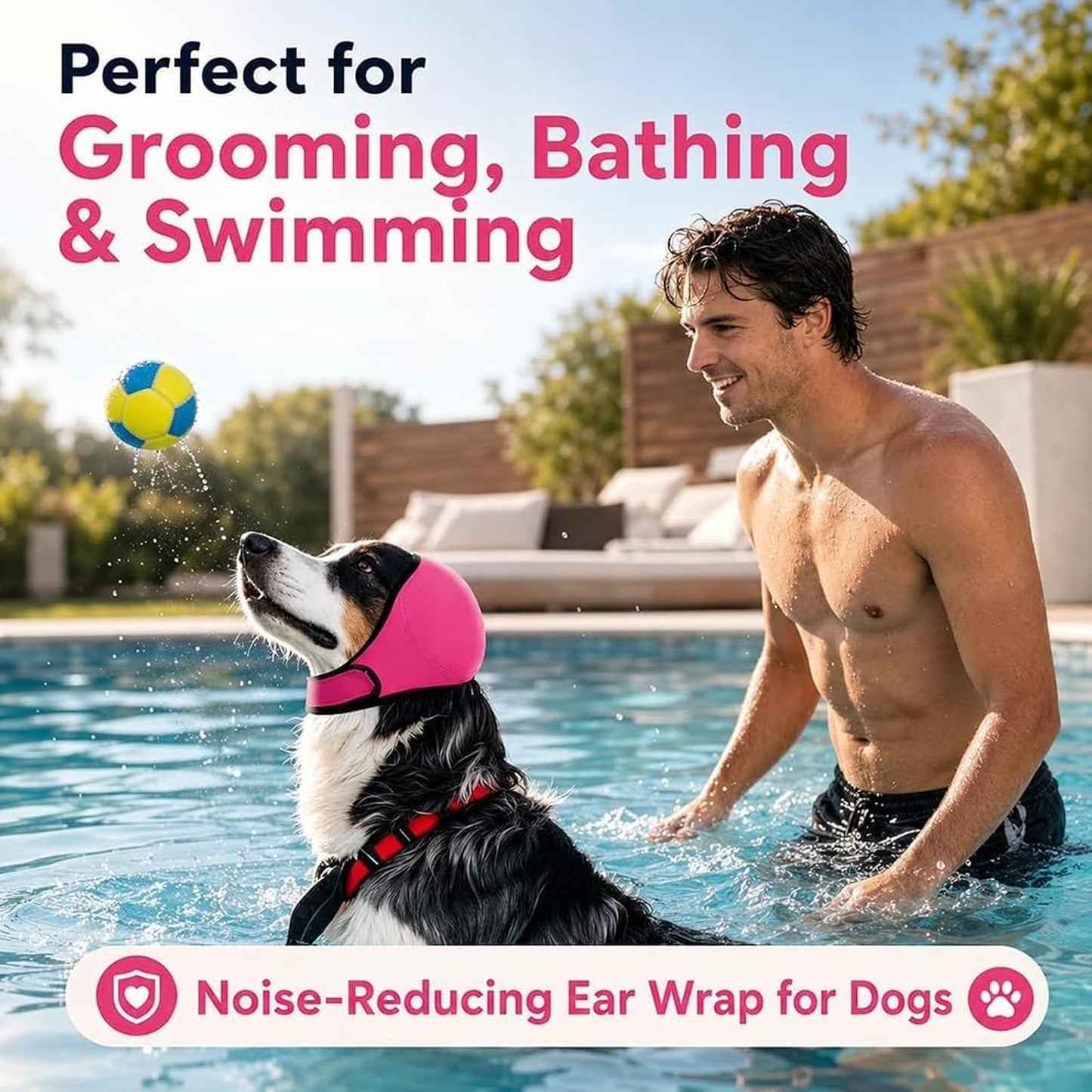 Noise Cancelling Ear Wrap for Dogs, Adjustable Dog Ear Cover with Hook and Loop Fastener, Soft Protective Ear Band for Swimming, Bathing, Grooming, Travel and Daily Use (Pink,X-Large)