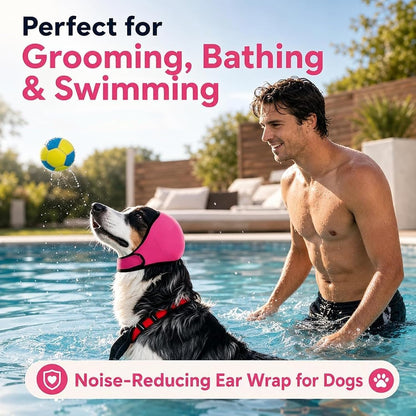 Noise Cancelling Ear Wrap for Dogs, Adjustable Dog Ear Cover with Hook and Loop Fastener, Soft Protective Ear Band for Swimming, Bathing, Grooming, Travel and Daily Use (Pink,X-Large)