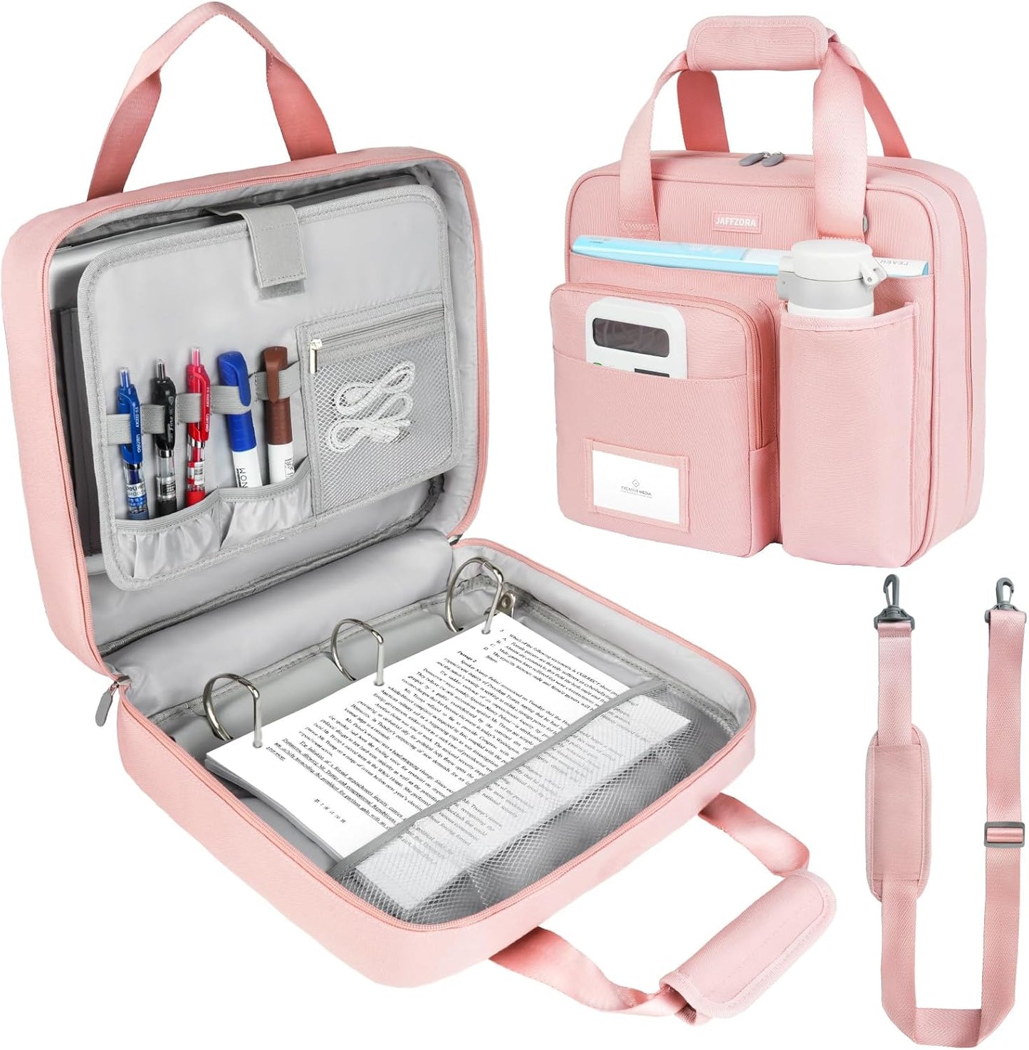 3 Ring Zipper Binder Bag, 3 Inch D-Ring 700 Sheet Capacity, Portable File Organizer with Removable Shoulder Strap & Multiple Pockets for School Office Travel Summer Study Back to School,Pink