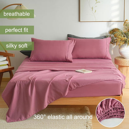 Mohap Bed Sheet Set 4 Pieces Double Brushed Microfiber 1800 - Breathable All Season Luxury Soft Bedding - Full Vintage Pink