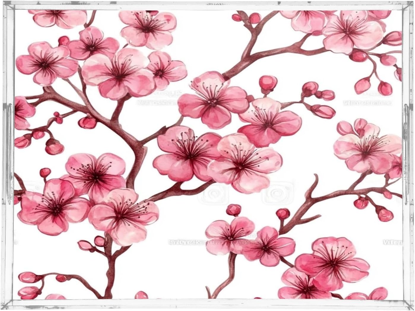 Pink Peach Flowers Acrylic Serving Tray with Handles,Clear Serving Tray Decorative Organiser for Ottoman, Kitchen, Bedroom Decorative 12x16 Inches