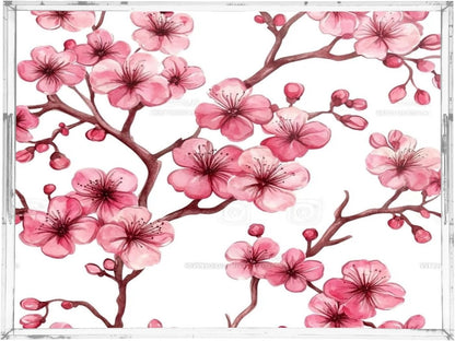 Pink Peach Flowers Acrylic Serving Tray with Handles,Clear Serving Tray Decorative Organiser for Ottoman, Kitchen, Bedroom Decorative 12x16 Inches