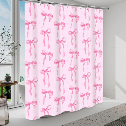 Pink Shower Curtain with Bows Shower Curtain Set, Waterproof Cloth Pink Bow Bathtub Shower Curtains with Hooks, Cute Bow Bathroom Decor Coquette Bath Curtains Girly Shower Decoration for Women 72x72"